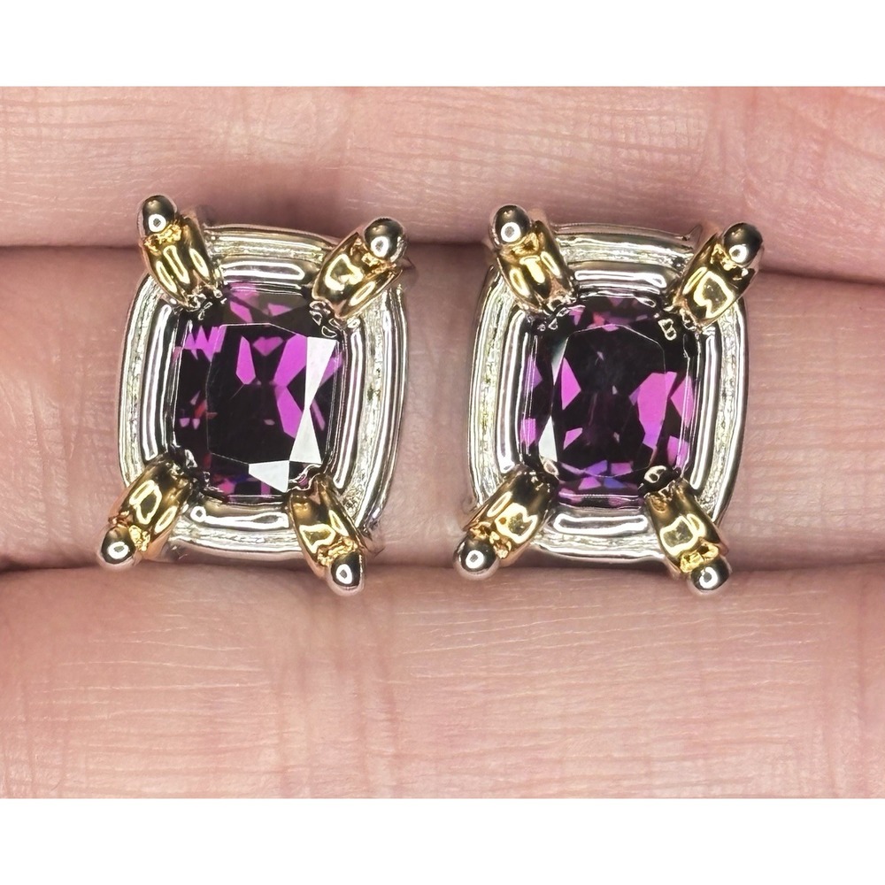 925 Sterling Silver Purple Stone Stud Earrings Two Tone Prong Set